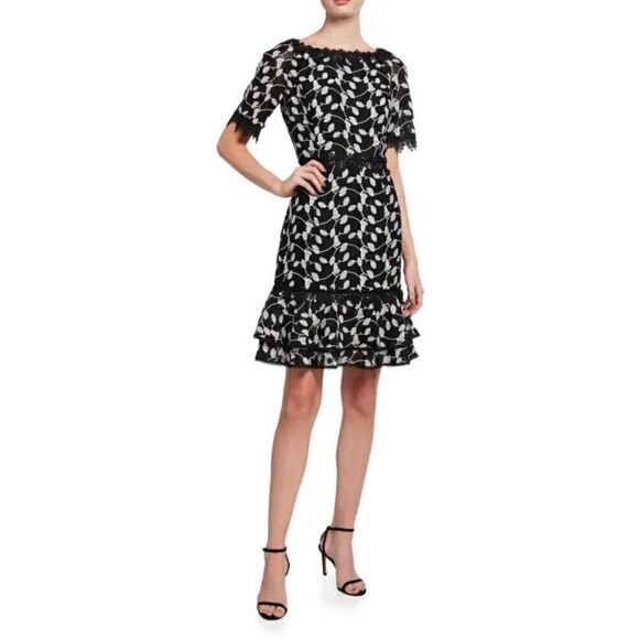 Shani Short-Sleeve Embroidered Lace Dress in Black & White NWT Size 12 - Picture 1 of 8